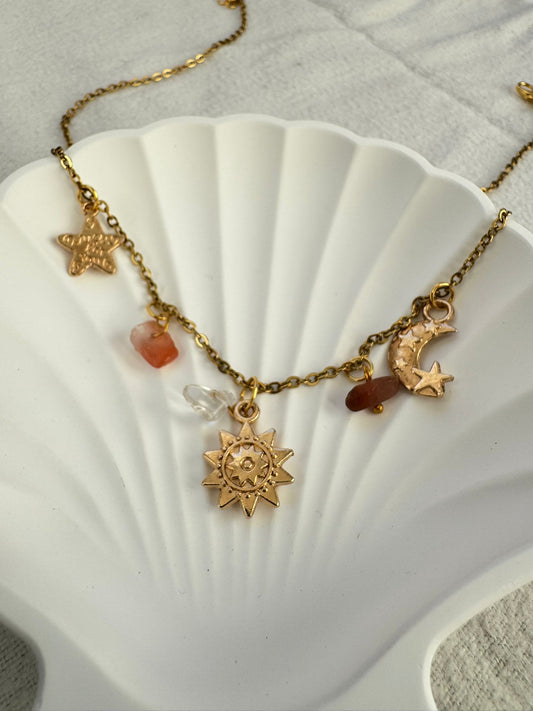 Solunara Celestial Charm Necklace – Star, Moon & Sun with Stones